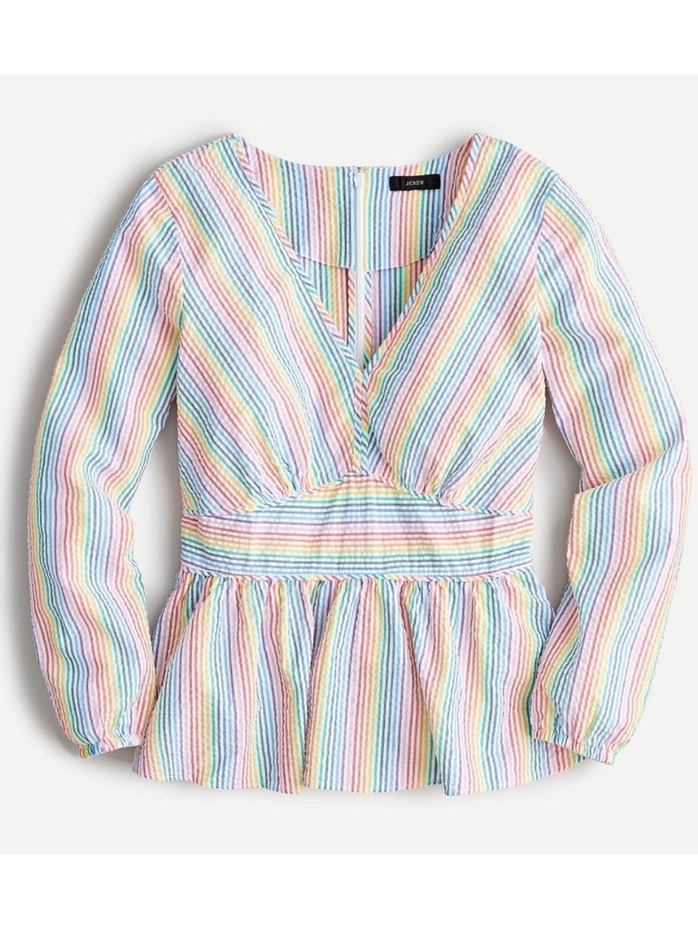 NEW J.Crew V-Neck Peplum Top Rainbow Seersucker Stripe AM647 Women’s Size 14 NWT